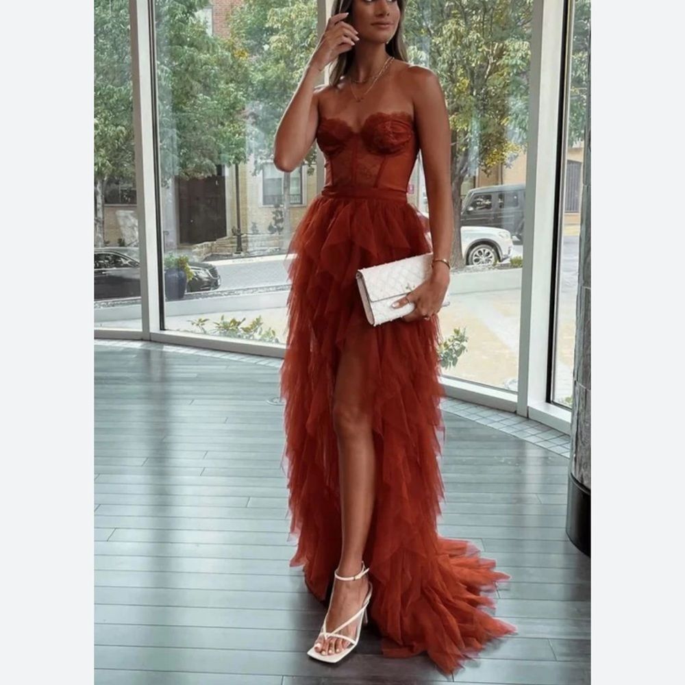 For Love & Lemons Rust Strapless Tulle Ruffle High-Low Gown